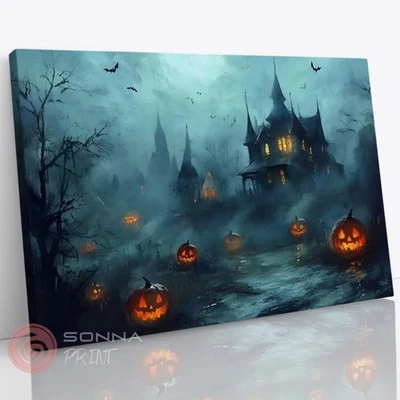 Halloween Spooky Haunted House Scary Pumpkin Canvas Wall Art Decor Framed Print - Image 1 of 4