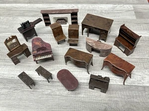 Vintage Plasco Dollhouse Furniture Brown 15 Pc MCM Dresser Piano Fireplace Lot - Picture 1 of 14