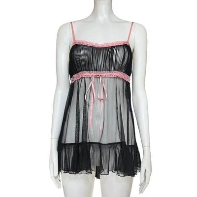 Vestido sin Mangas Babydoll Negro Transparente Y2K Vintage Victoria’s Secret XS/S Lazo Coqueta Foto 1 de 4