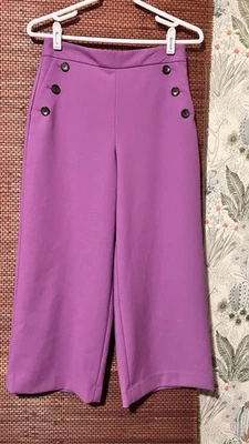 Галогеновые женские фиолетовые передние скошенные карманы на пуговицах широкие штанины укороченные брюки 4P - Изображение 1 из 4