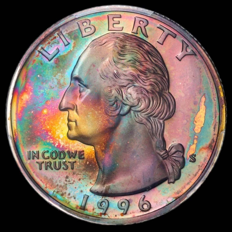 1996 S 25C Silver Washington Quarter PCGS PR68DCAM Monster Rainbow Toned Coin - Image 1 of 4