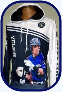 CHRISTIAN YELICH MILWAUKEE BREWER ALL OVER PRINT HOODED LIGHTWEIGHT JERSEY SHIRT - Picture 1 of 7