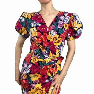 Vestido envolvente vintage de algodón manga abullonada floral Nipon años 90 Foto 1 de 4