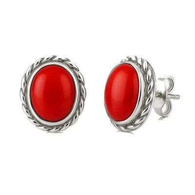 Orecchini a lobo piccoli argento 925 rodiato cabochon corallo rosso naturale - Immagine 1 di 4