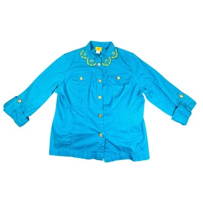 Ruby Rd Jacket Womens 14 Teal Blue Green Beaded Button Front Southwestern Coat - Image 1 of 4