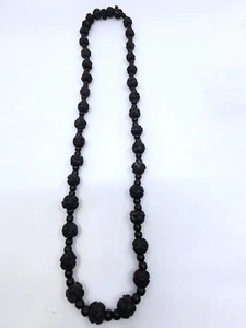 Victorian Carved Rose Flower Black Whitby Jet Mourning Beads Necklace 28" - Picture 1 of 4