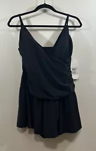 Penbrooke One Piece NWT Size 16 Black Modest Swimsuit V Neck Faux Wrap Skirt - Picture 1 of 6
