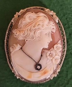 14k White Gold Cameo Miner Diamond Filigree Victorian Antique Pendant Brooch WOW - Picture 1 of 7