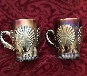 Dugan Beaded Shell Blue And Amethyst Carnival Glass Mugs Set Of 2 - Picture 1 of 6