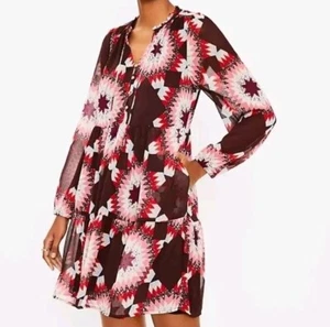 $89 LOFT Patchwork Tie Neck Pocket Dress Sz Medium Comfy Western No Iron Need It - Picture 1 of 7