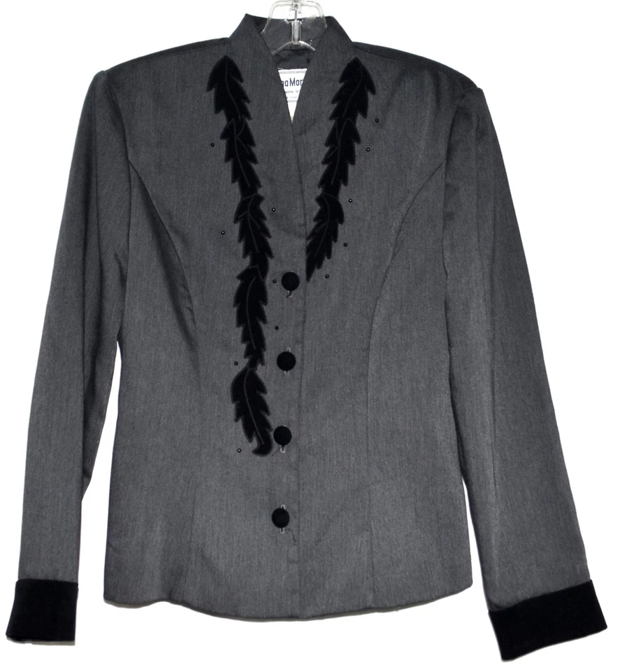 Donna Morgan for Non Stop Leslie Fay Gray Black Velvet Beads Blazer Size 8 USA - Image 1 of 4