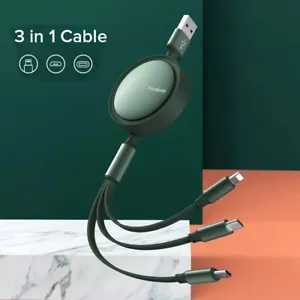 MCDODO 3 in 1 Retractable 3A Micro USB Type C Charger Cable For iPhone Samsung - Picture 1 of 5