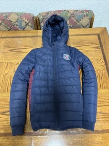 Paris Saint Germain Boys Down Puffer Jacket Size 12 Blue Full Zip Hooded Pockets - Picture 1 of 8