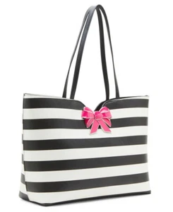 Betsey Johnson KITSCH Black White Striped Pink Bow Large Tote Shoulder Bag BNWT - Picture 1 of 5