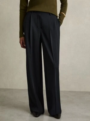 REISS Eden Petite Elasticated-Waist Wide-Leg Twill Trousers in Navy Size 12 - Image 1 of 4
