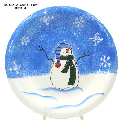 St. Nicholas Square BOTÓN ARRIBA 8" Plato de Ensalada Muñeco de Nieve Niño Bufanda Sombrero Azul Blanco Foto 1 de 4
