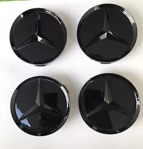 LOT 4 Cache Moyeu 75mm NOIR BRILLANT / Mercedes Logo Emblème Jante Centre Roue - Picture 1 of 3