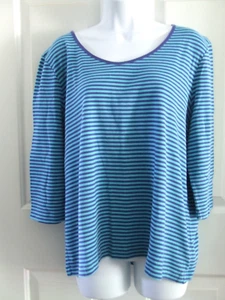 Talbots Women’s 1X Top Teal Navy Striped 3/4 Sleeve 100% Cotton EUC - Picture 1 of 5