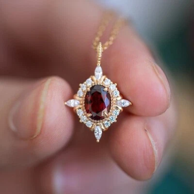 2CT Oval Lab Created Red Ruby Art Deco Charm Pendant With Gold Finish Silver - Image 1 of 4