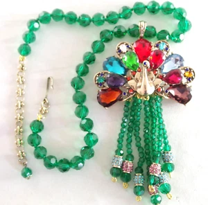 4.5" DESIGNER STYLE CRYSTAL RHINESTONE & GEM PEACOCK BIRD DANGLE BEADED NECKLACE - Picture 1 of 20