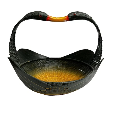 Vintage Wicker Swan Basket Handle by Zhejiang Handicrafts Chinese Kissing Geese Cover