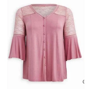 TORRID Blouse Top Plus Size 1X 14-16 Shirt Pink Lace Girly Bell Sleeve - Picture 1 of 10
