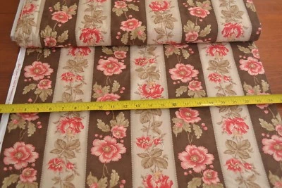 By 1/2 Yd, Red Pink Cream Brown Floral Stripe Cotton, Moda/3 Sisters/Grace, B391 - Image 1 of 4
