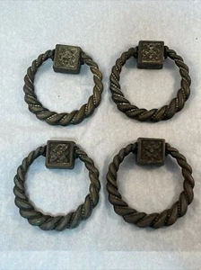 4 Vintage 2 1/2” Round Brass Art Nouveau Drop Bail Pulls Braided Rings Flower - Picture 1 of 9