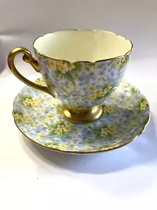 Vintage Shelley Primrose Chintz Gold Footed Yellow Blue Teacup And Saucer - Picture 1 of 5