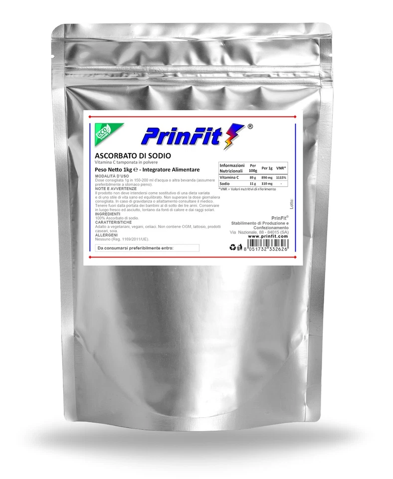 1 kg - Ascorbato di Sodio Puro 100%Vitamina C Polvere E301 Integratore - PrinFit