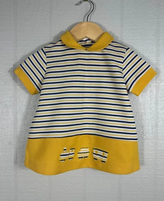 Vintage 70s Baby Boy Polo Collar Shirt 12-18m Train Appliqué Blue Yellow Striped - Image 1 of 4