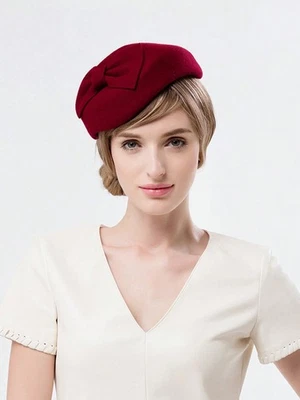 Burgundy Wool Felt Fascinator Hats Women Cocktail Tea Party Church Hat With Bow Foto 1 de 3
