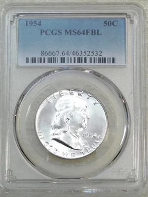 1954 P Franklin Half Dollar PCGS MS64FBL Frosty White FULL BELL LINES PQ #Q216E - Image 1 of 4