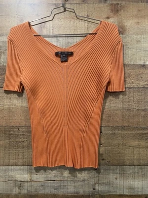 Yansi Fugel Designer Orange Terra Cotta Ribbed Short Sleeve Sweater Size XL - Image 1 of 3