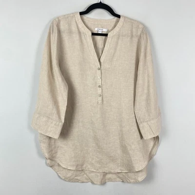 Túnica de lino Chicos sin hierro talla 1,5 EE. UU. 10 mangas popover 3/4 dobladillo alto bajo beige Foto 1 de 4