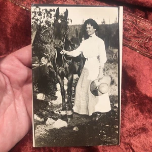 Woman & Horse Antique Postcard Photo Authentic Springston Idaho - Picture 1 of 6