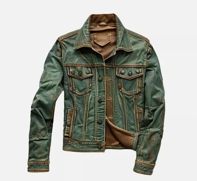 Trucker Leather Jacket For Men Real Lambskin Vintage Style Leather Jacket Green - Image 1 of 4