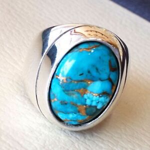 925 Sterling Silver Oval Blue Copper Turquoise Gemstone Dailywear Boys Mens Ring