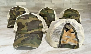 Lot of 5 Classic Green Camouflage Print Tan Mesh Trucker Ponytail Hat Cap - Picture 1 of 3