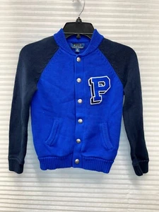 Polo Ralph Lauren Varsity Jacket Boy Cardigan Snap Button Sweater Big P Size S 8 - Picture 1 of 14