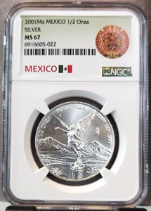 2001 MEXICO SILVER 1/2 ONZA LIBERTAD NGC MS 67 BEAUTIFUL SCARCE GEM 1/2 OZ - Picture 1 of 3