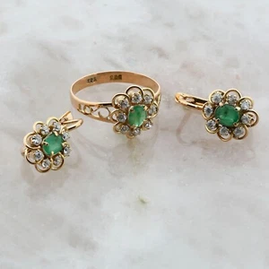 14K Rose Gold Emerald & White Stone Earrings with matching Ring Circa 1980 - Picture 1 of 8