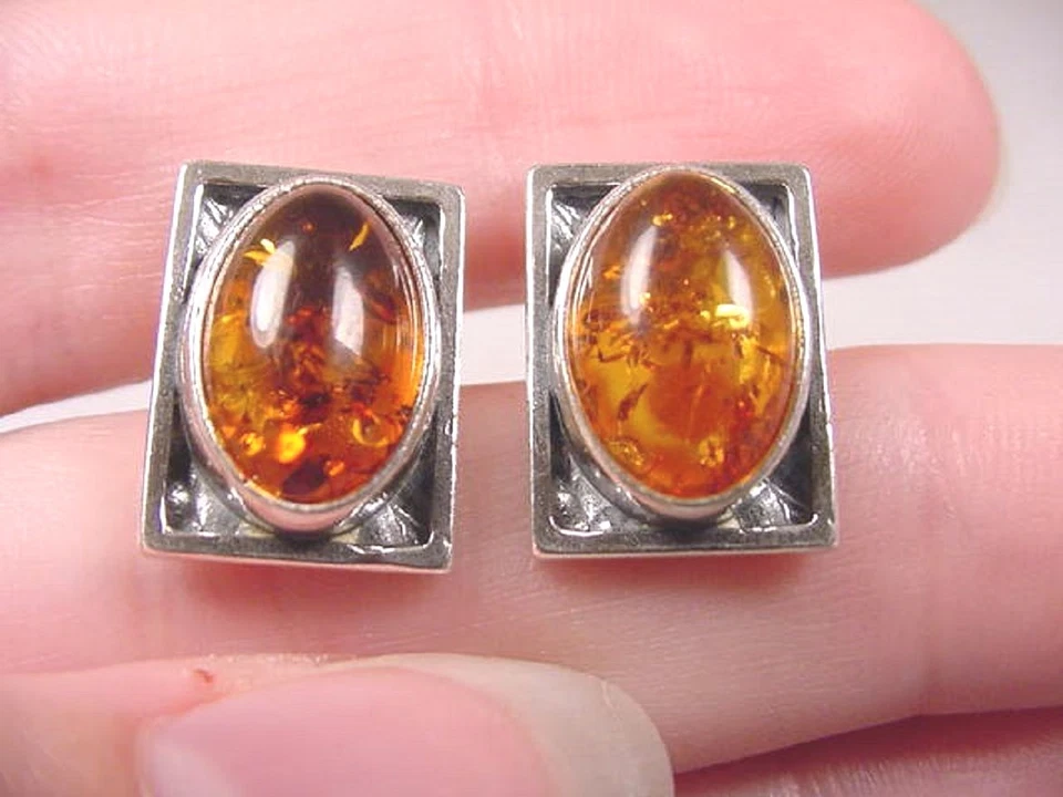 (pe40-L) Naranja ÁMBAR Polonia Ornamentado Rectángulo .925 PLATA ESTERLINA PENDIENTES Foto 1 de 1