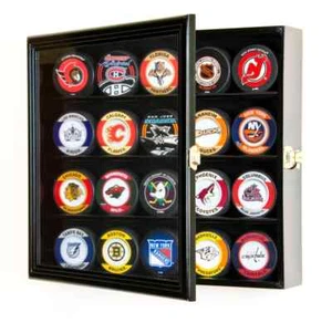 Hockey Puck Display Case 20 Pcs Black Solid Wood Holder Wall Baseball Shadow Box - Picture 1 of 8
