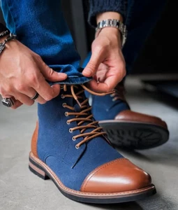 Bota de vestir hecha a mano para hombre marrón y azul de cuero y gamuza al tobillo chukka con cordones - Imagen 1 de 3