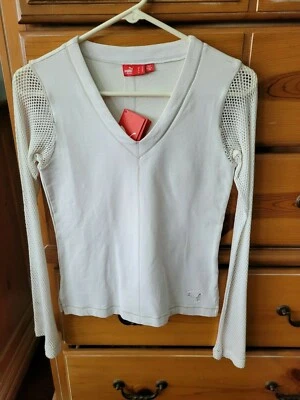 NUEVO CON ETIQUETAS PUMA MAHANUALA Para mujeres Blanco Cuello en V Manga Larga Malla Yoga Top Camisa TALLA XS Foto 1 de 3