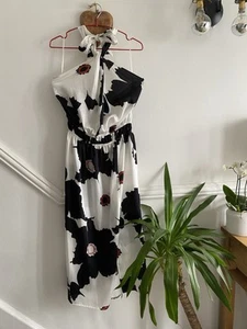 NWT Silky Ivory Black Red Floral Elastic Waist Front Slit Midaxi Dress 14 Hols! - Picture 1 of 15