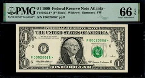 1999 $1 ATLANTA STAR NOTE PMG 66 EPQ 640K Print Run Fr 1925-F* Gem Uncirculated - Picture 1 of 2
