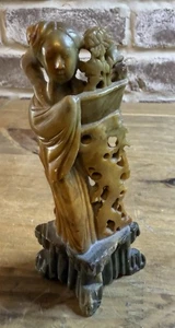 Antike chinesische handgeschnitzte Speckstein asiatische Frau Blume Statue Figur Steinsockel - Bild 1 von 4