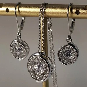 925 Sterling Silver Jostling Stone Pendant Necklace Earring Set 19" Long - Picture 1 of 12